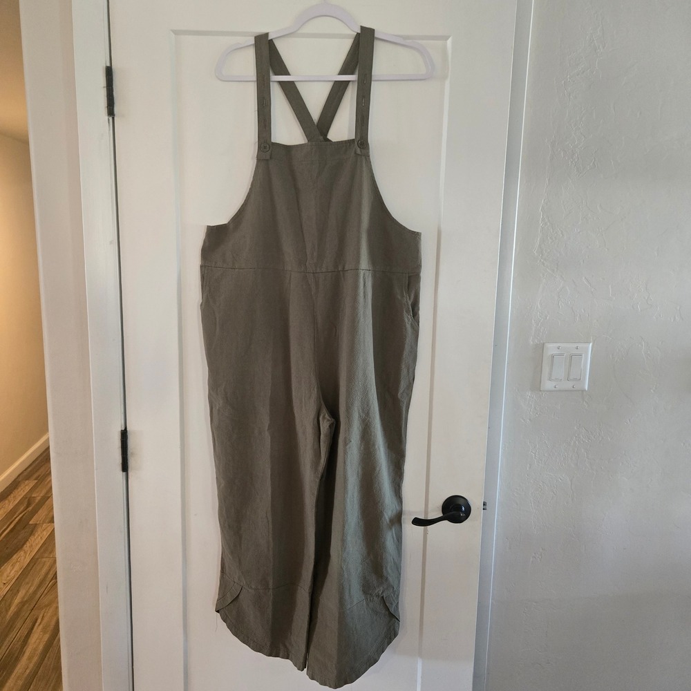 Overalls Womens XL Olive Green Linen Blend Wide Leg Cropped Jumpsuit Boho Relax - Picture 2 of 7